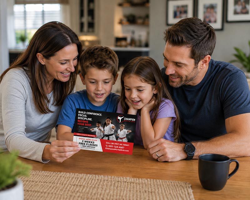 family looking at martial arts direct mail