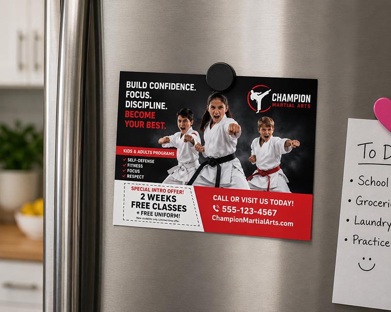 martial arts direct mail ad on refrigerator